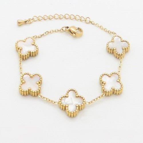 white clover bracelet, gold enamel bracelet, stainless steel dainty jewellery, floral charm bracelet, Susan Rose stackable bracelets