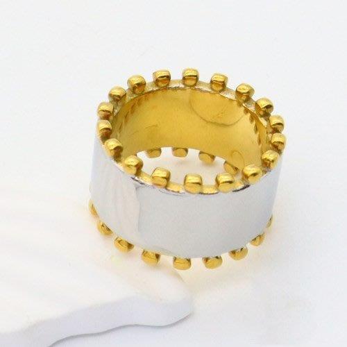 wide two tone ring, stainless steel gold and silver ring, beaded edge ring, bold statement jewellery, Susan Rose Jewellery