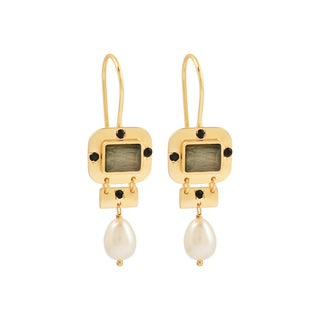Labradorite drop earrings, black CZ earrings, pearl dangle earrings, gold labradorite jewellery, Susan Rose Jewellery, statement drop earrings, labradorite pearl earrings, Australian designer earrings, unique gemstone earrings, luxe artisan earrings