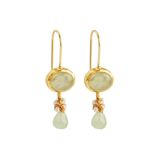 prehnite pearl earrings, green gemstone earrings, Susan Rose Jewellery, gold drop earrings, calming crystal earrings, handmade Australian earrings, elegant statement jewellery